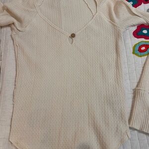 Cream Ribbed Long Sleeve Top